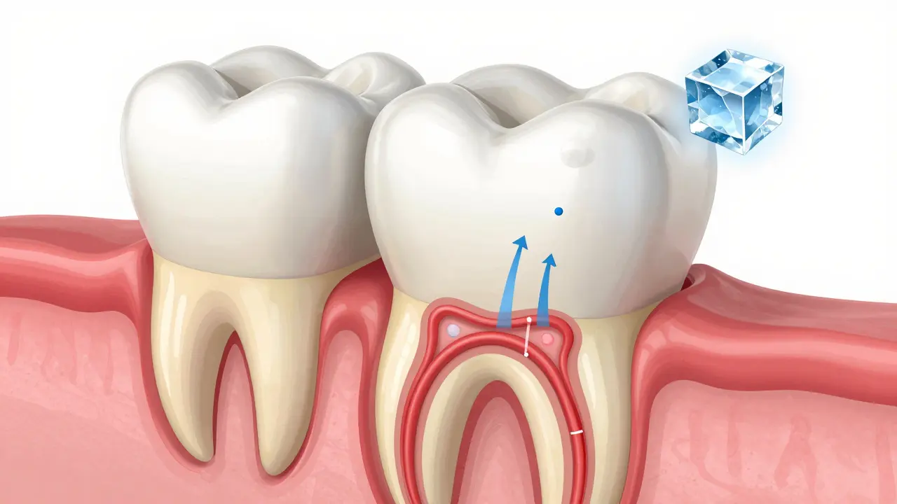 Ilustrace průřezu zubem ukazující citlivý dentin a nervy