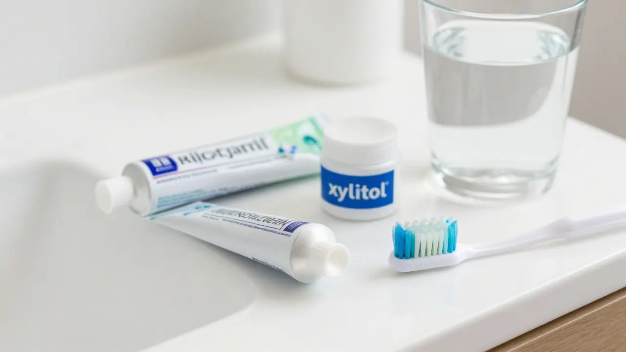Pasta s fluoridem a žvýkačky s xylitolem pro domácí péči o zuby
