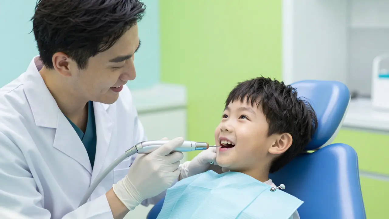 Pediatrický stomatolog bezpečně čistí zuby dítěti v ordinaci