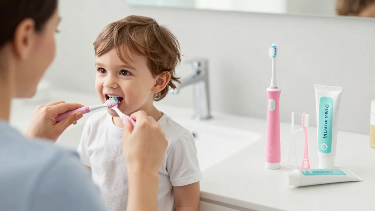 Rodič čistí dítěti zuby a preventivní produkty