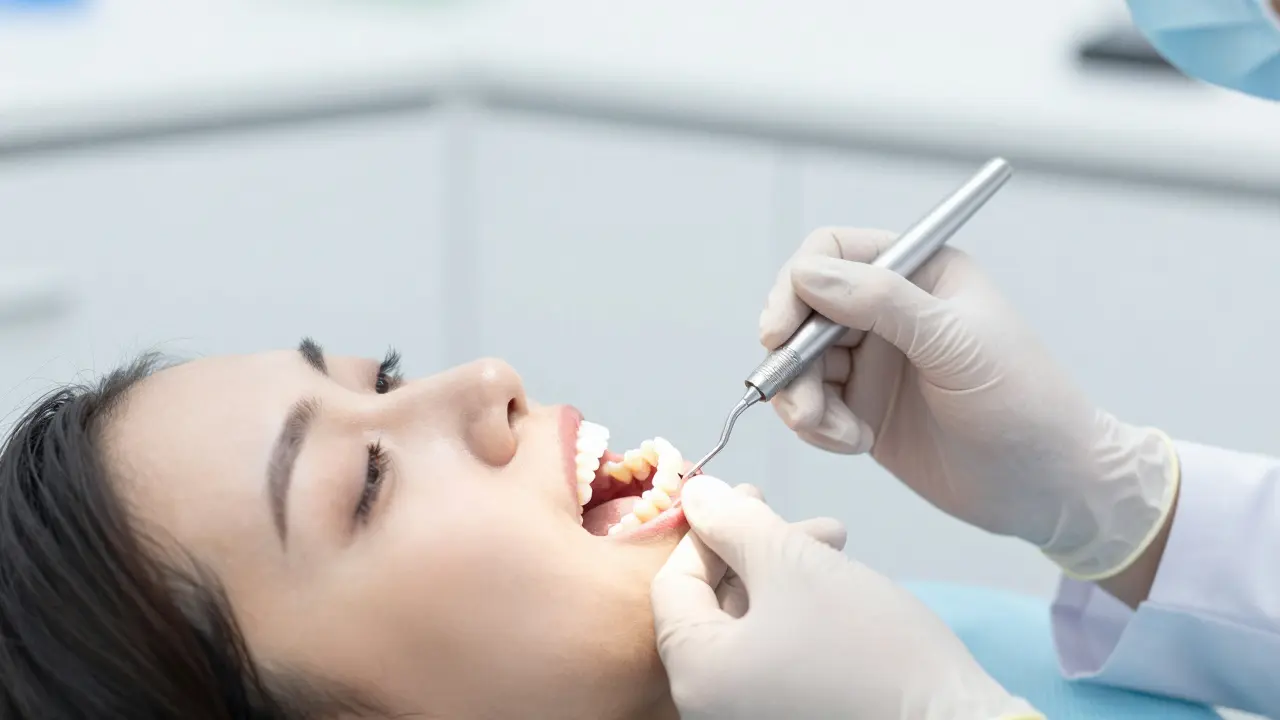 Stomatolog kontroluje skus pacienta pomocí diagnostického papírku