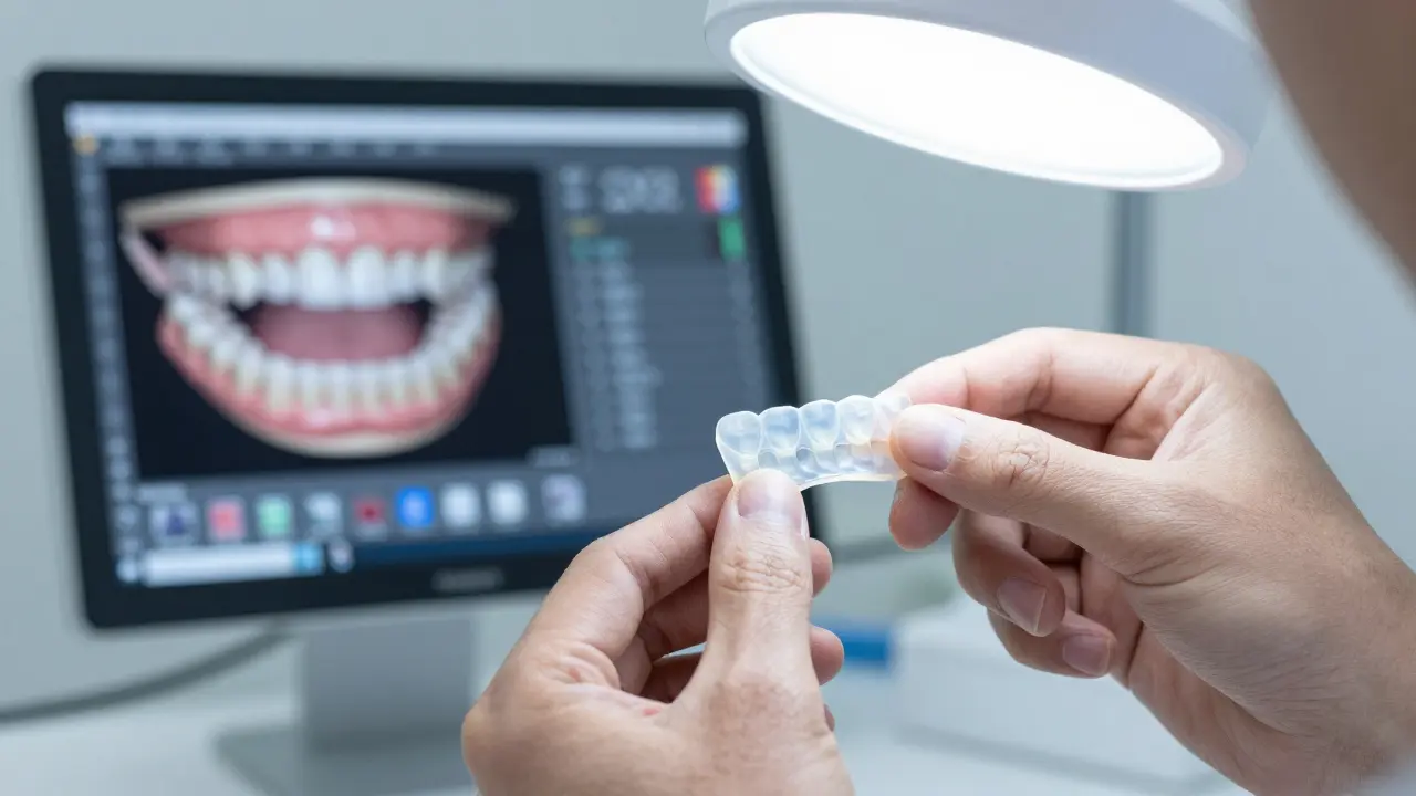 Technik připravuje keramickou fazetu v zubní laboratoři