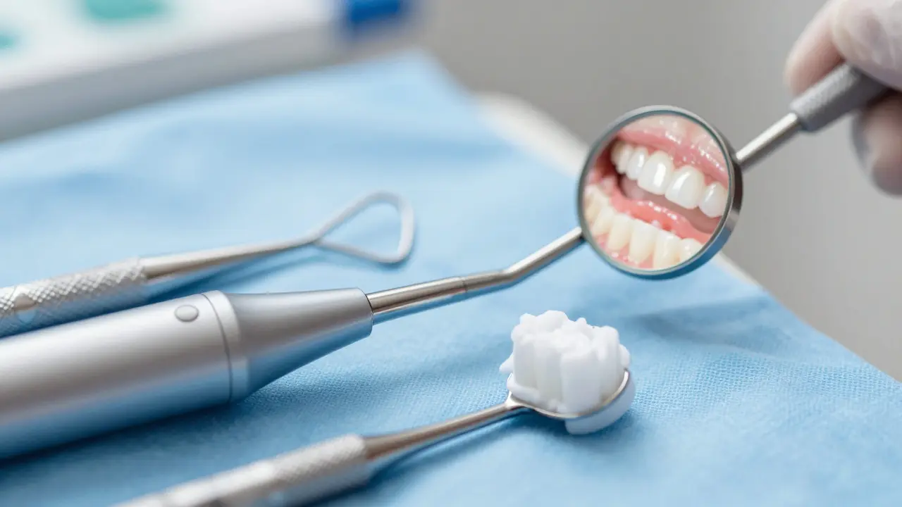 Zubní hygienické nástroje a zrcátko na sterilním modrém podkladu