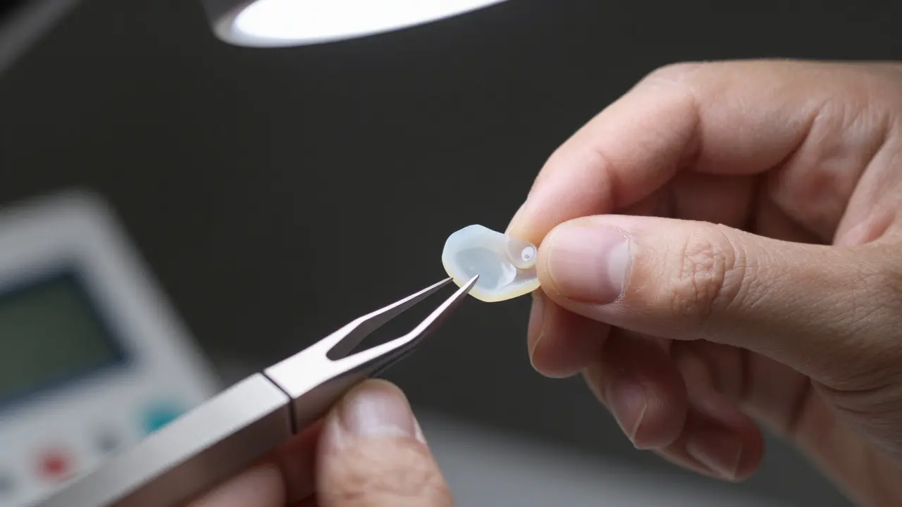 Zubní technik drží tenkou porcelánovou fazetu v laboratoři
