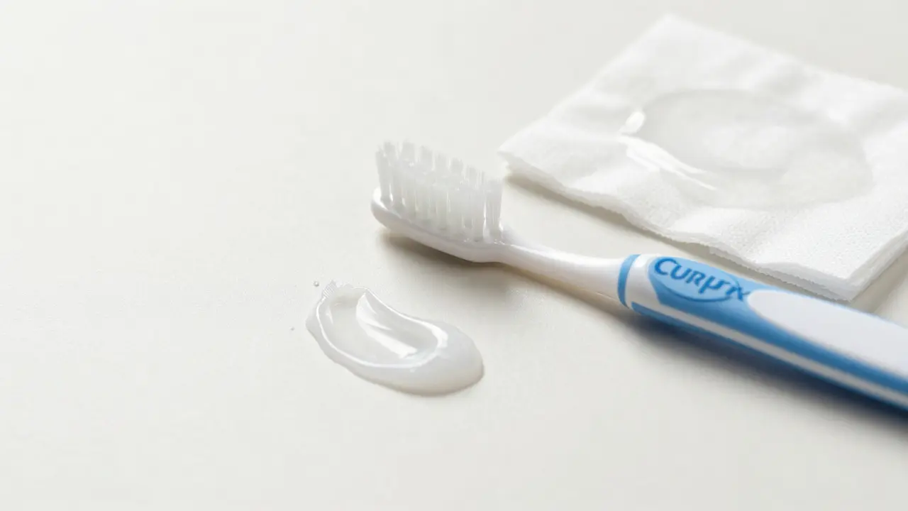 Jemný dětský kartáček Curaprox a kapka pasty pro první hygienu