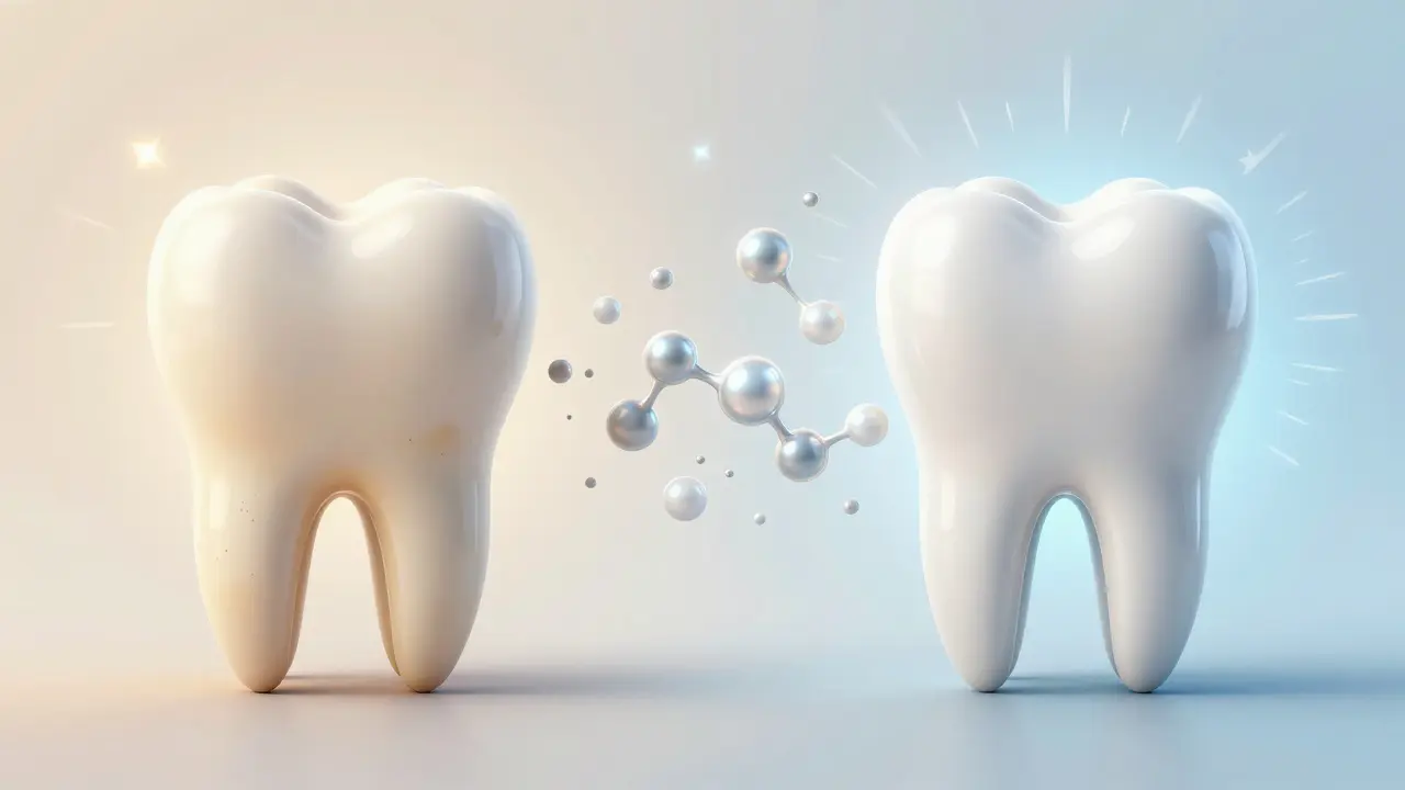 Konceptuální ilustrace přeměny žlutého zuba na bílý pomocí chemie