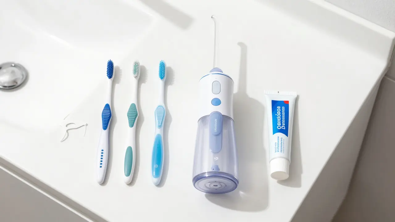 Pomůcky pro hygienu: mezizubní kartáčky, irigátor a fluorid