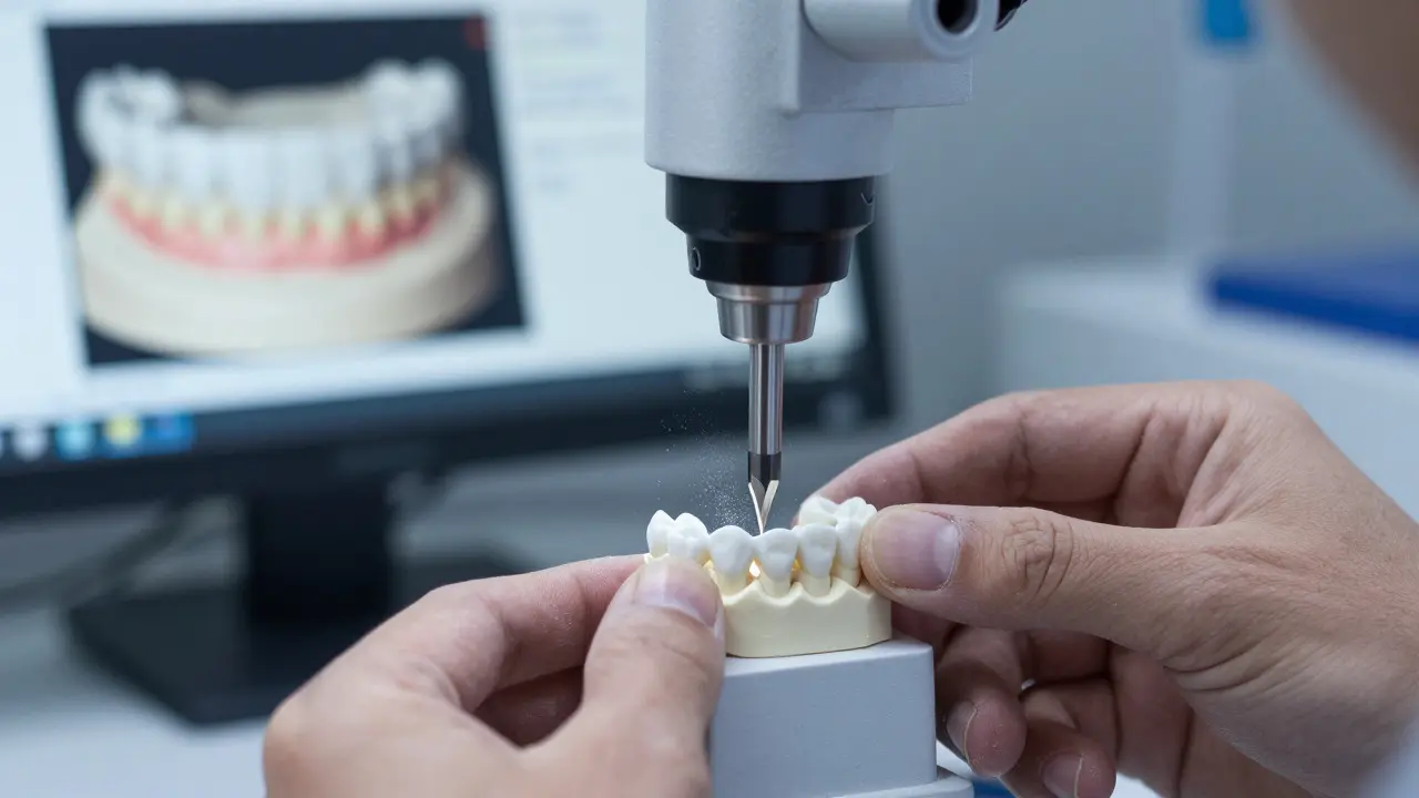 Výroba korunky ze zirkonu na CAM frésce v laboratoři