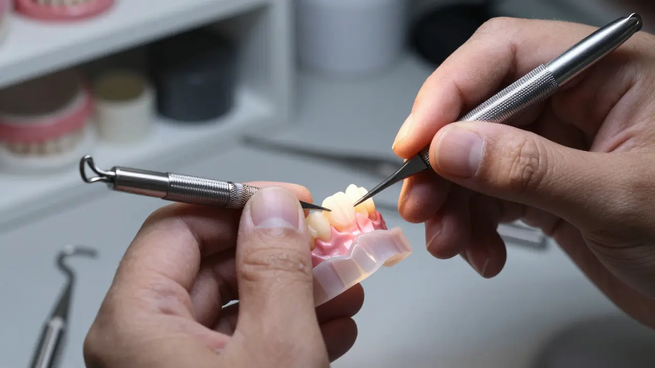 Zubní technik ručně zpracovává keramický materiál pro výrobu faset v laboratoři.