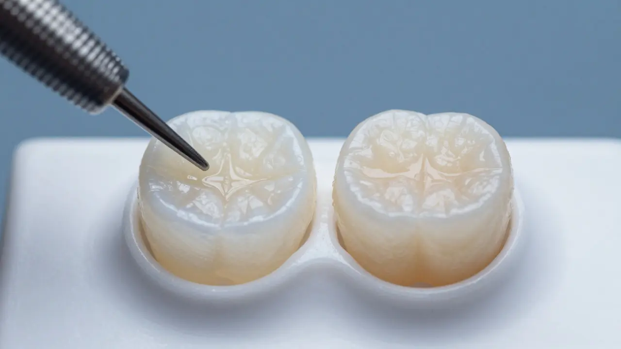 Close-up comparison of porcelain and composite dental veneers on a tray