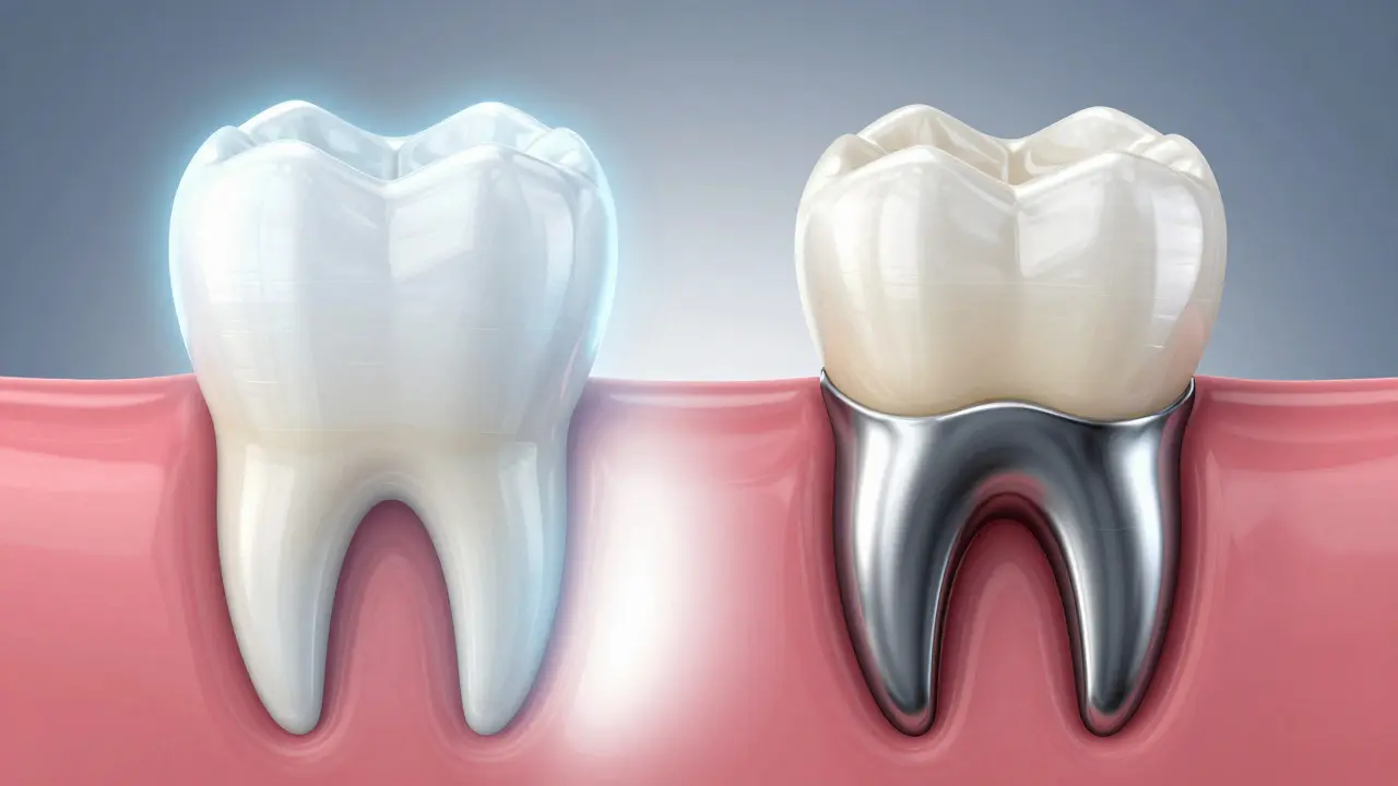 Cross-section illustration showing ceramic vs metal-core tooth structures
