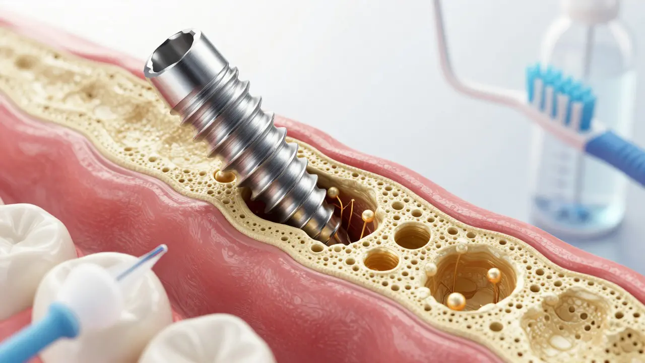 Detail osteointegrace titanového implantátu s kostní tkání