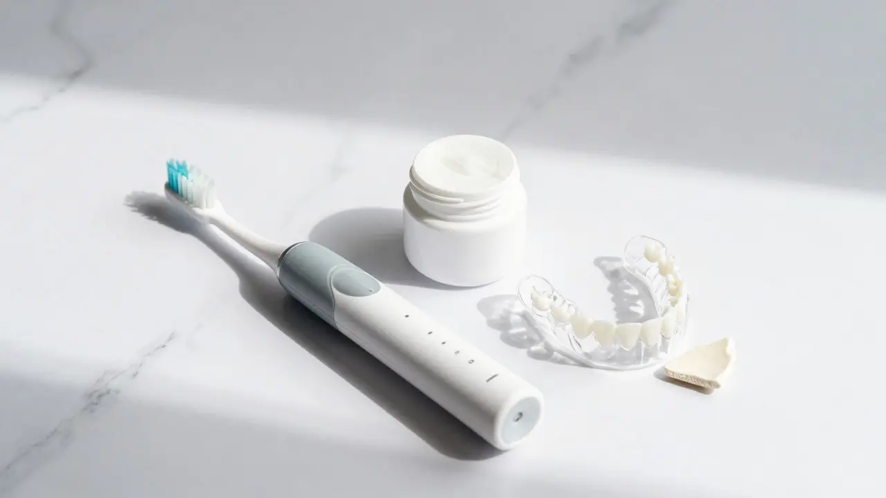 Hygienické potřeby a chránička zubů na mramorovém povrchu