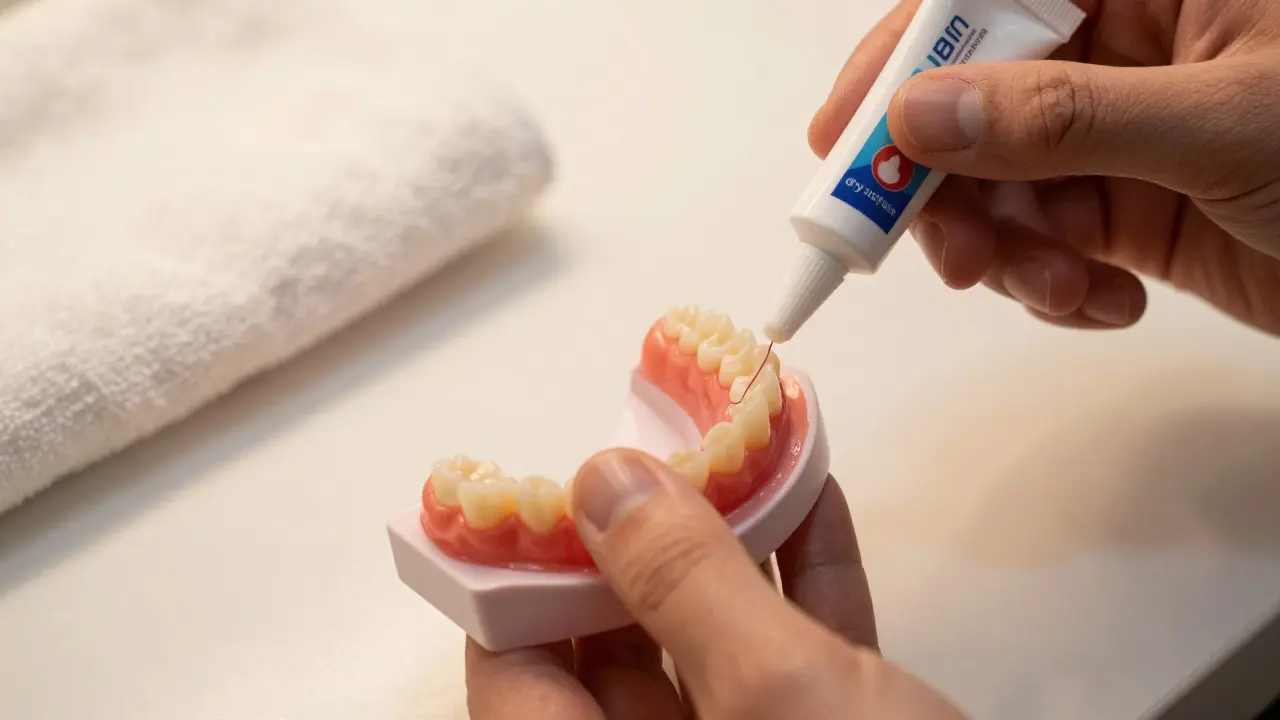 Makro záběr nanášení lepidla na vnitřní stranu protézy