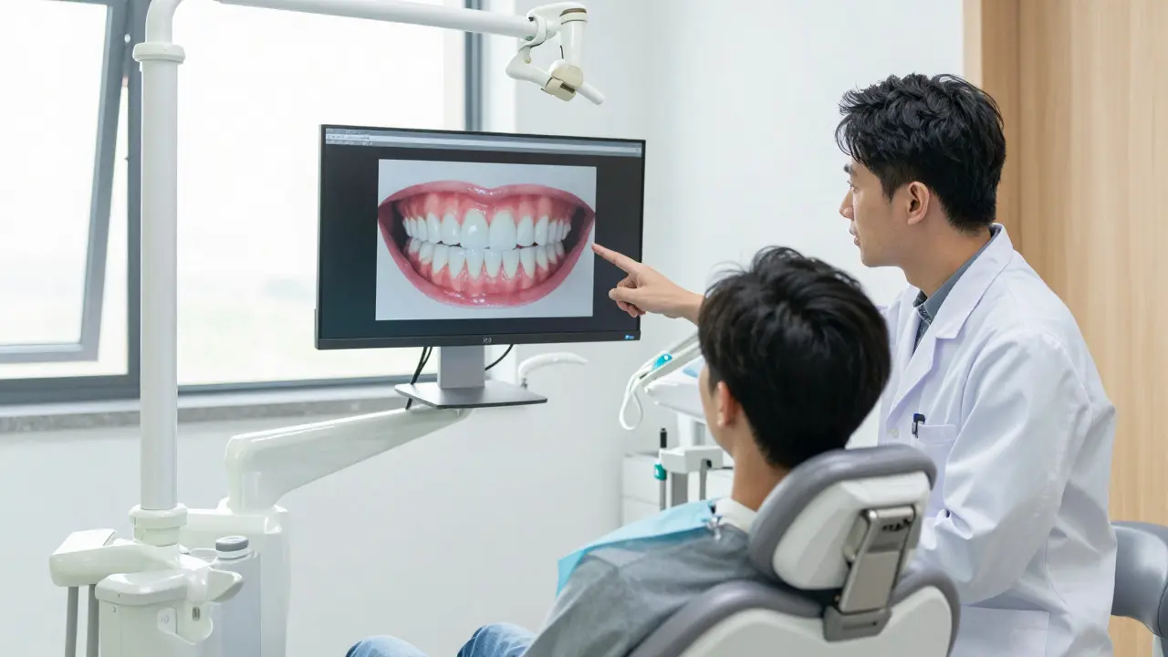 Patient consulting with a dentist about treatment options in a clinic
