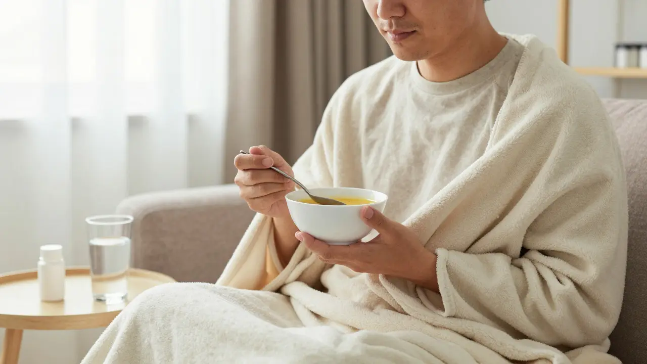 Patient eating soup at home during recovery after dental surgery