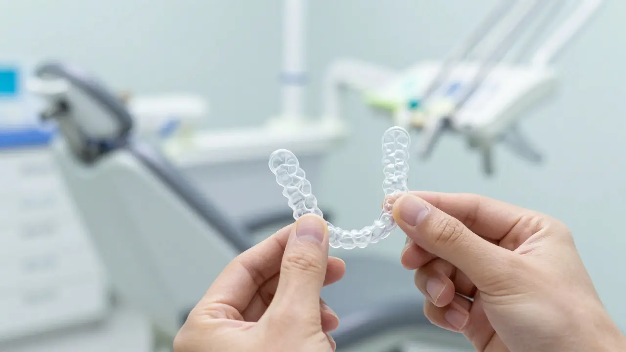 Ruce drží průhlednou ortodontickou destičku na pozadí zubní kliniky