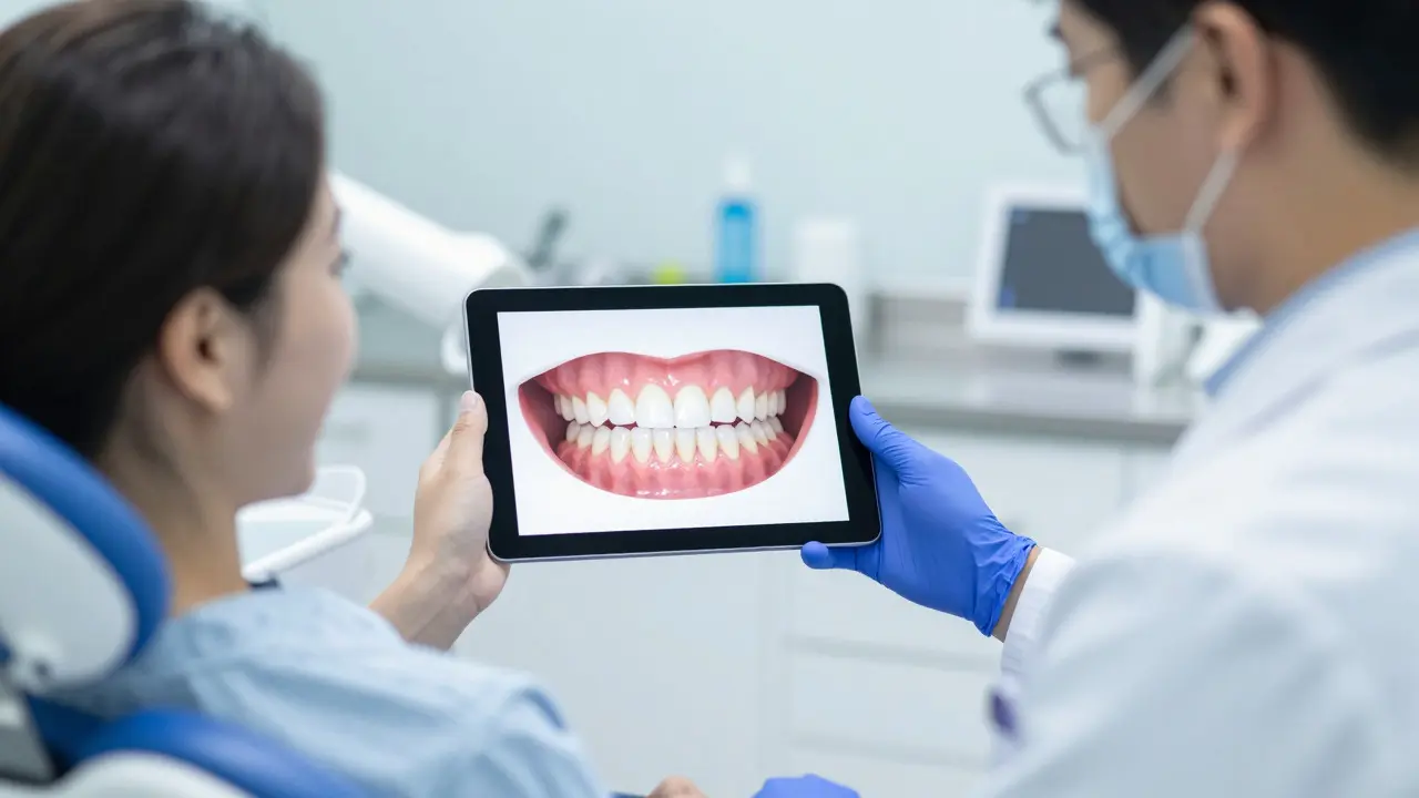 Stomatolog ukazuje pacientovi digitální simulaci úsměvu