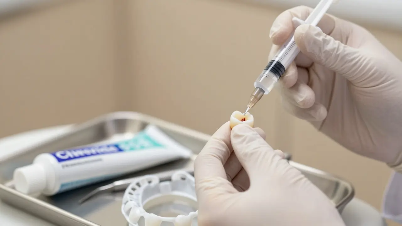 Stomatologická aplikace těsnícího materiálu na prasklý zub pro léčbu