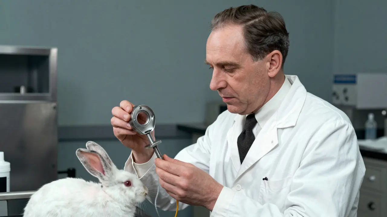 Vědec zkoumá titanový implantát v laboratoři