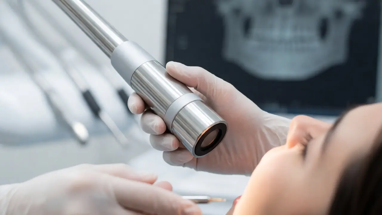 Zubař používá digitální rentgen k diagnostice problému se zubem pod korunou.