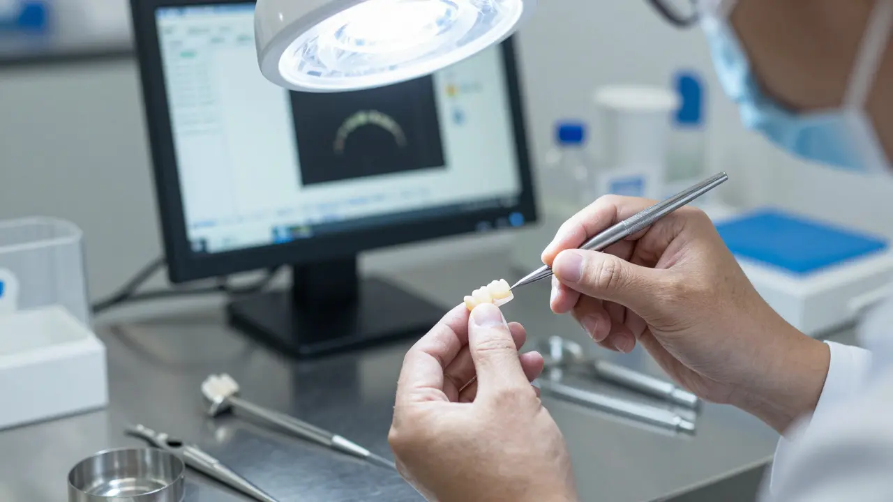 Zubní technik leští hotovou keramickou fazetu v moderní laboratoři
