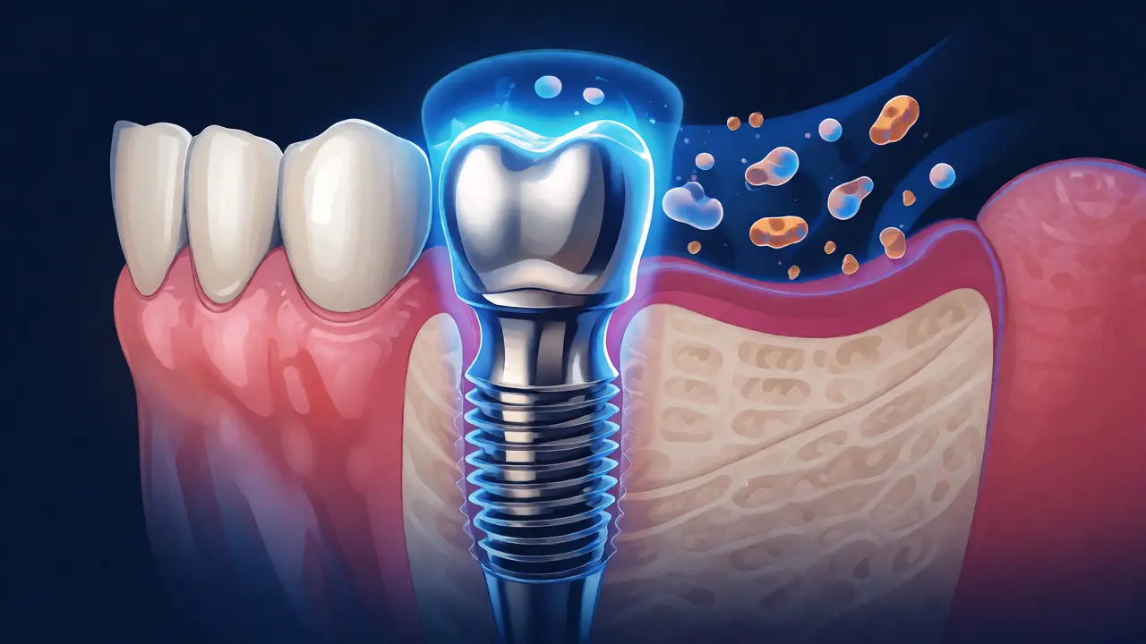 Ilustrace hojení kolem zubního implantátu