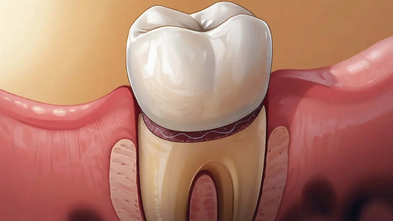 Ilustrace rozhraní mezi keramickou korunkou a zubem s důrazem na hygienu