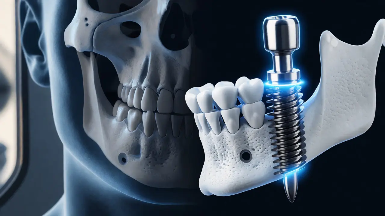 Konceptuální ilustrace srovnávající ubývající kost a stabilní titanový zubní implantát.