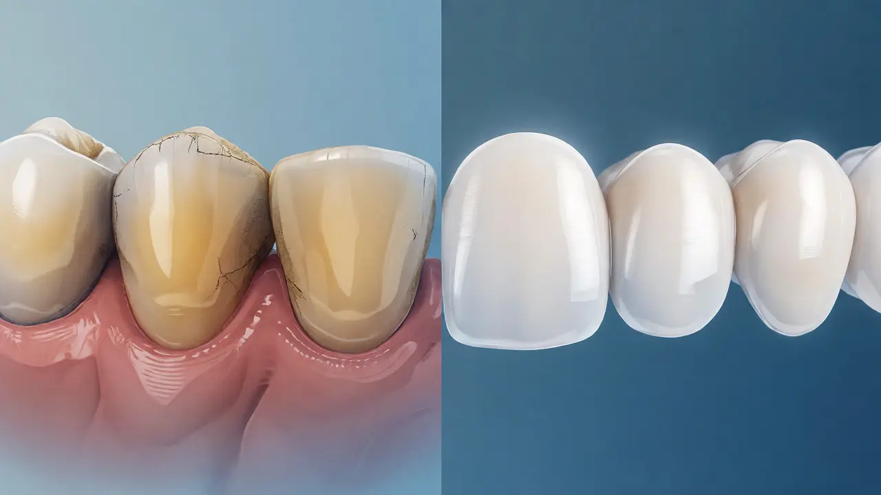 Konceptuální znázornění transformace opotřebených zubů do zdravého chrupu.