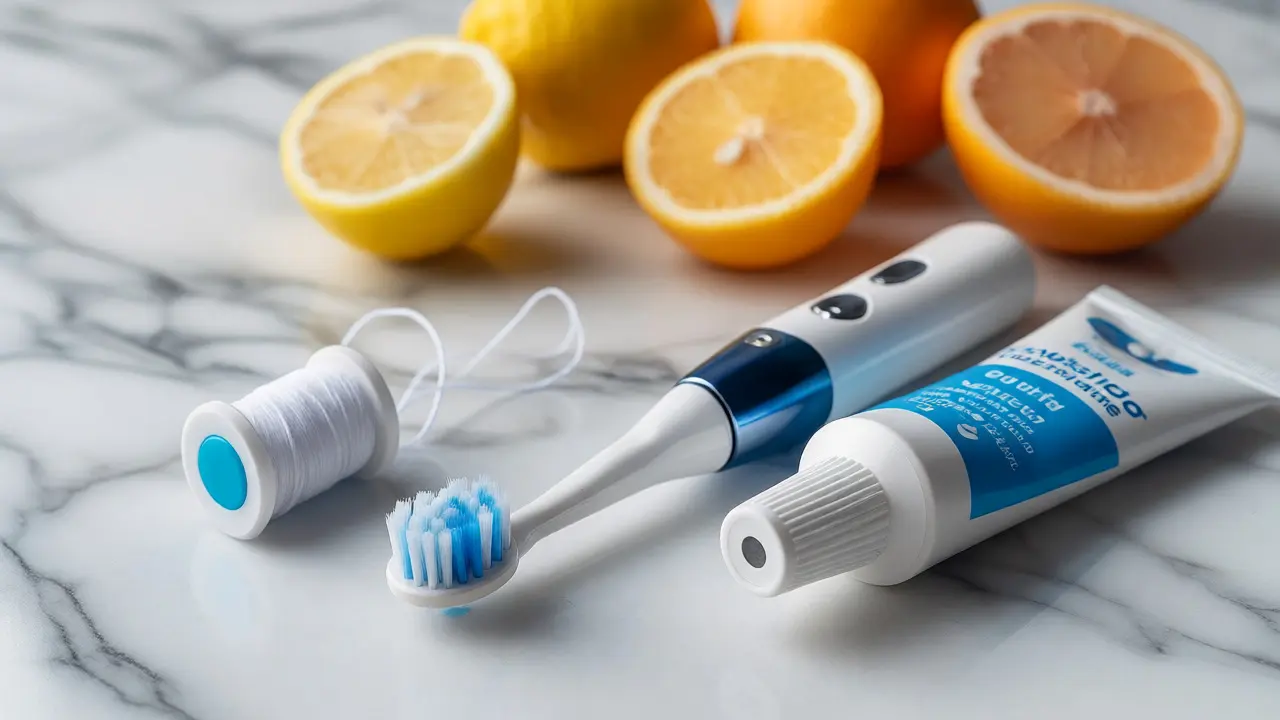 Nástroje pro péči o zuby: elektrický kartáček, nit a kyselé ovoce.