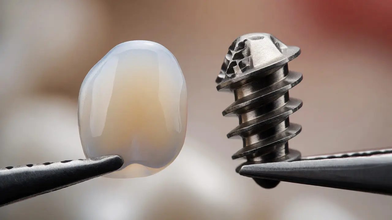 Porovnání keramické facety a titanového zubního implantátu držených pinzetou.