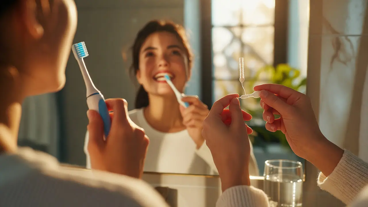 Ranní hygiena ústní dutiny pomocí elektrického kartáčku a mezizubních pomůcek