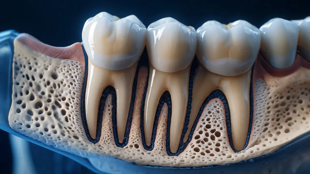 Anatomický řez čelistí ukazuje resorpci kořene mléčného zubu