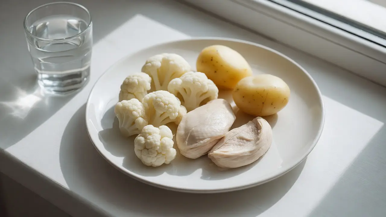 Jídelní talíř s kuřecím masem, květákem a bramborami