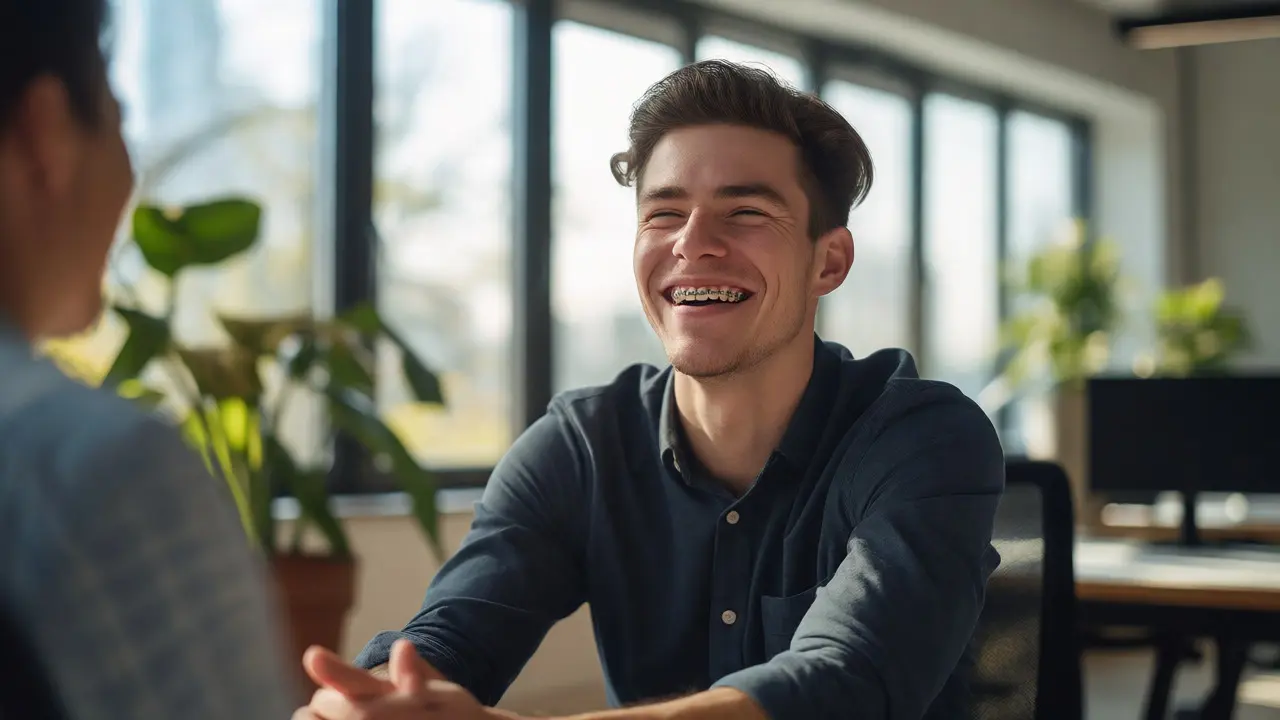 Mladý profesionál v kanceláři se sebevědomým úsměvem a diskrétními keramickými rovnátky.