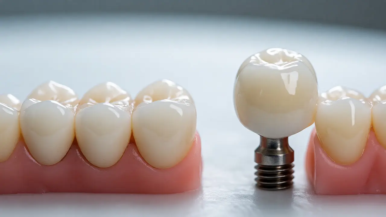 Porovnání zubního mostu na pilířích a samostatného keramického implantátu.