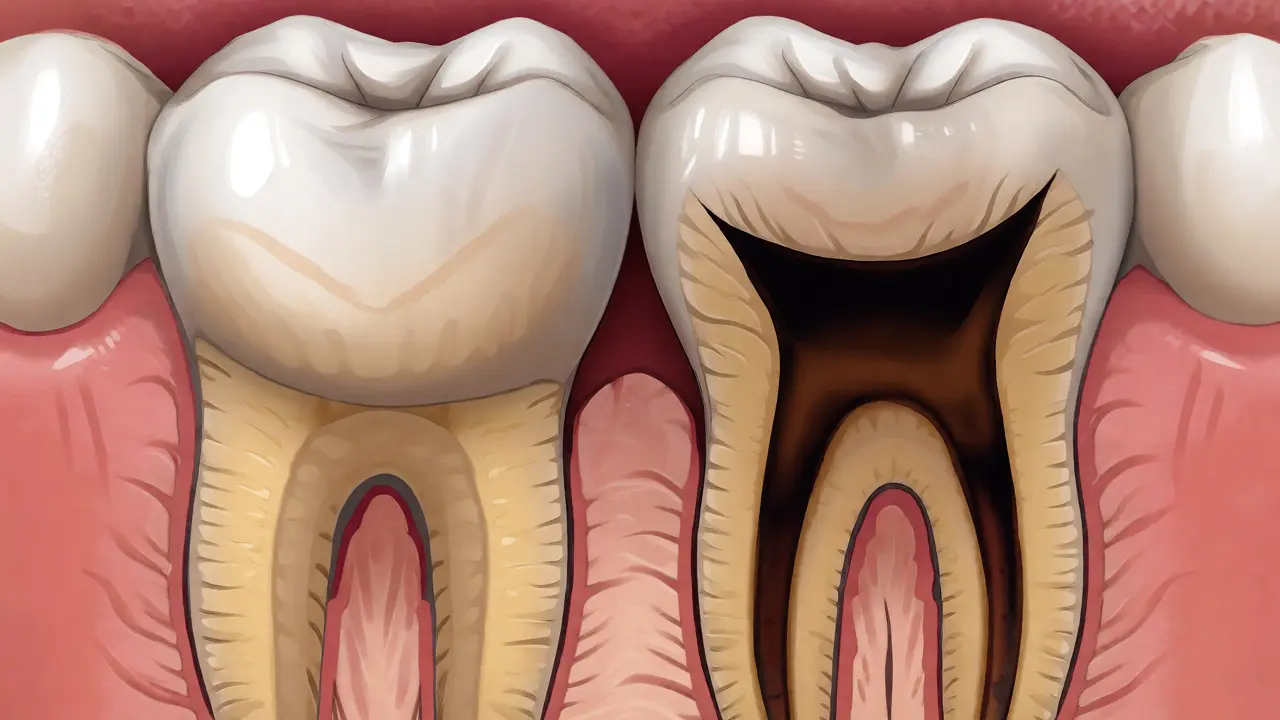 Průřez dvěma zuby ukazující mezizubní kaz v dentinu pod sklovinou