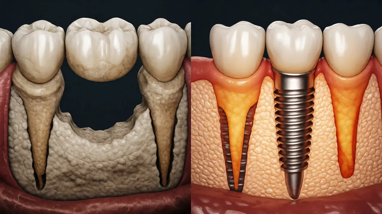Schéma úbytku kosti pod mostem oproti zachování kosti u implantátu.